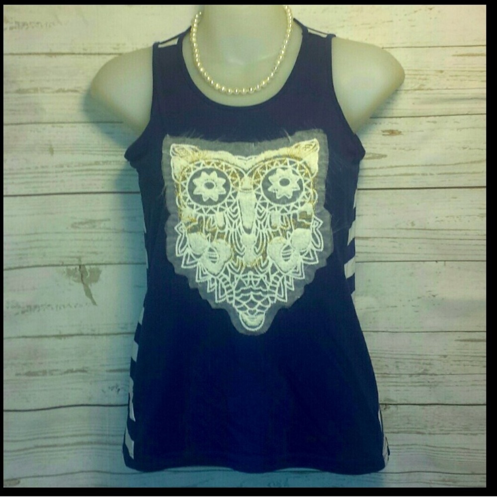 New Navy Blue and white stripped tank top by Poof with White Owl on front